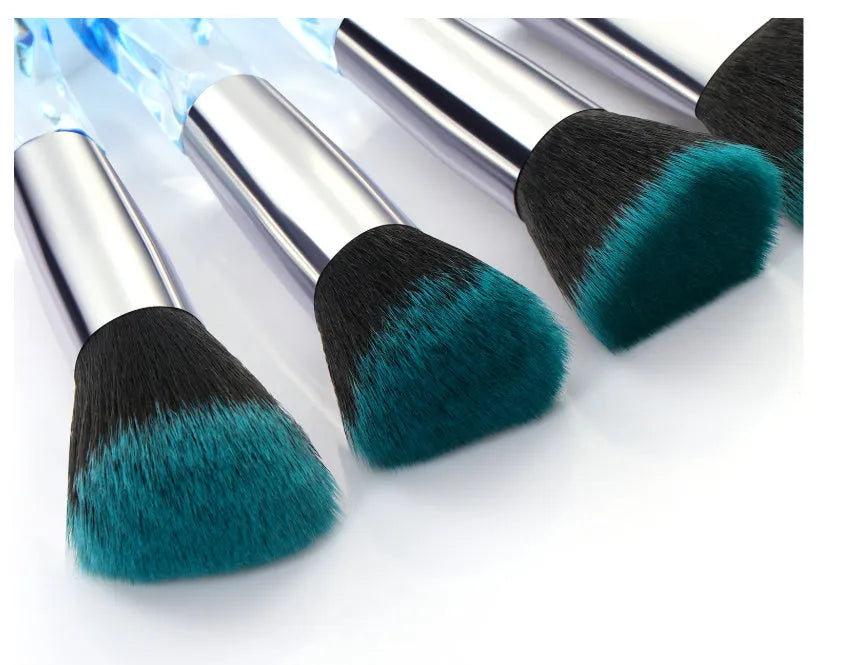 10 crystal-handled foundation brushes with artificial fibre bristles in four colour variations