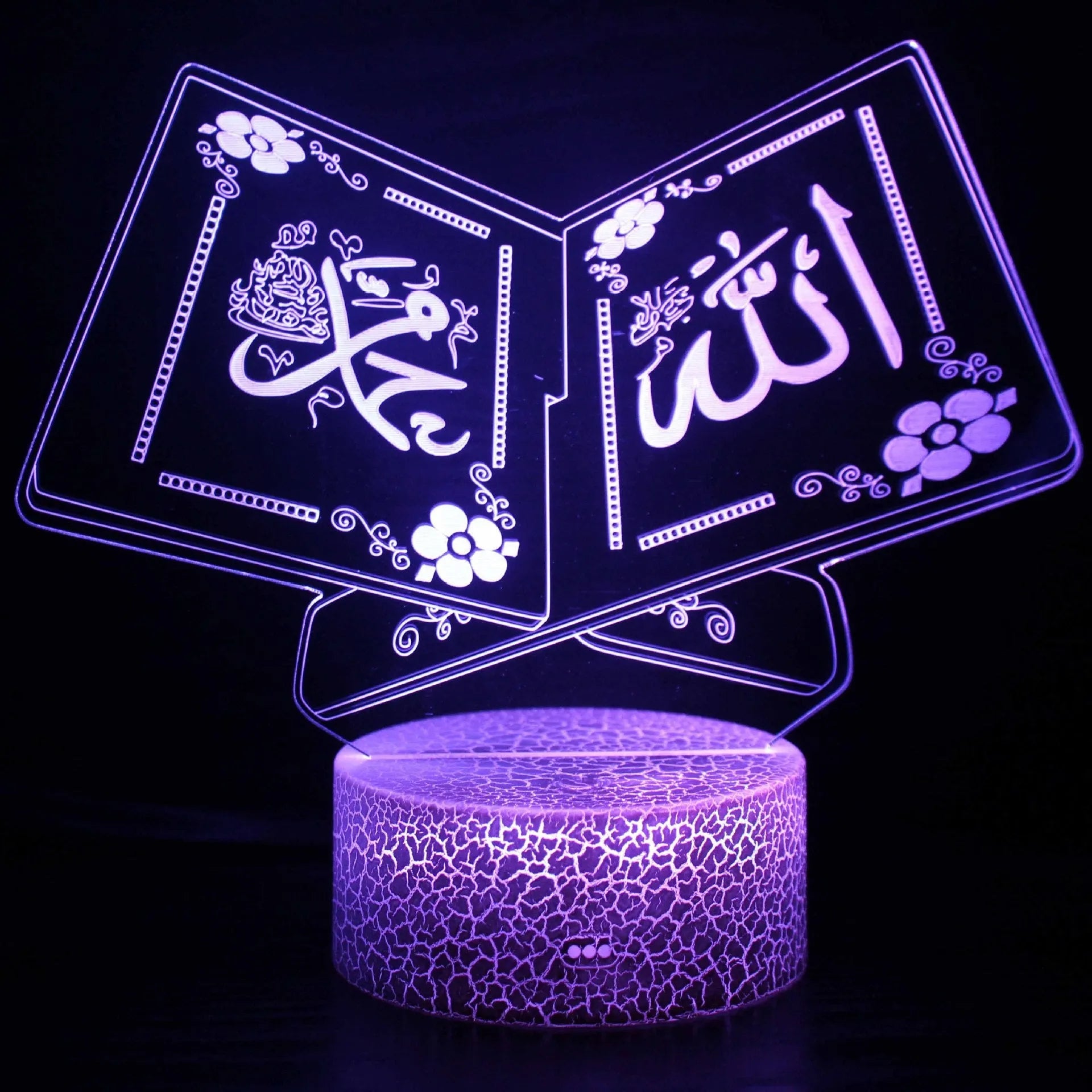 3D small night lamp with colourful LED lighting, touch and remote control, and USB power supply on a bedside table