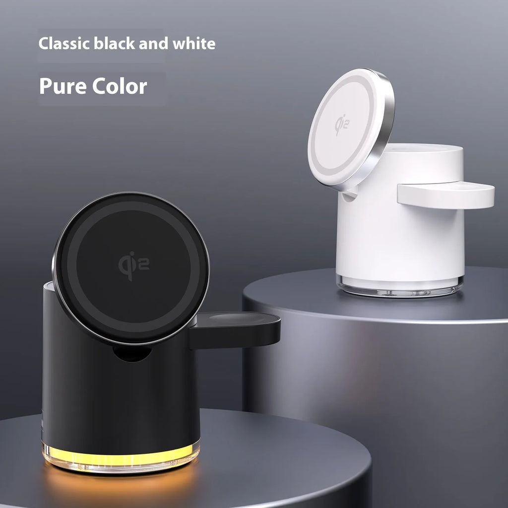 C16 magnetic folding three-in-one wireless charger showing phone, watch and earphone charging simultaneously
