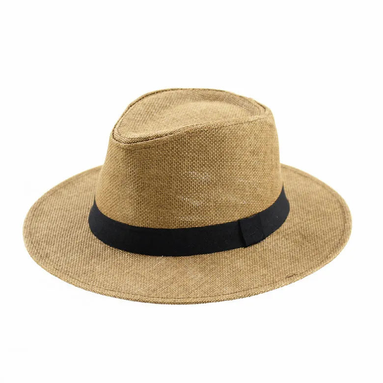 Men's outdoor sun protection wide brim top hat in beige, paper fabric, free size 58cm