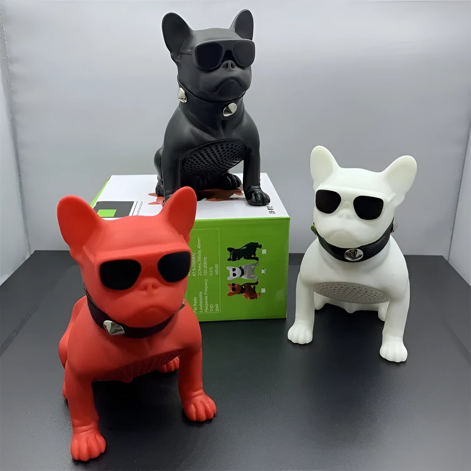 Mini full body bulldog Bluetooth speaker in black, red, or white colour with wireless connectivity