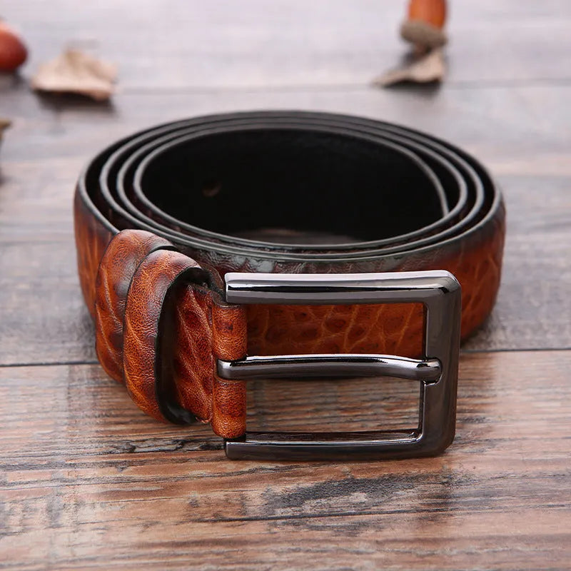 Men's belt with alloy pin buckle, imitation leather strap, elephant pattern black, electroplated finish