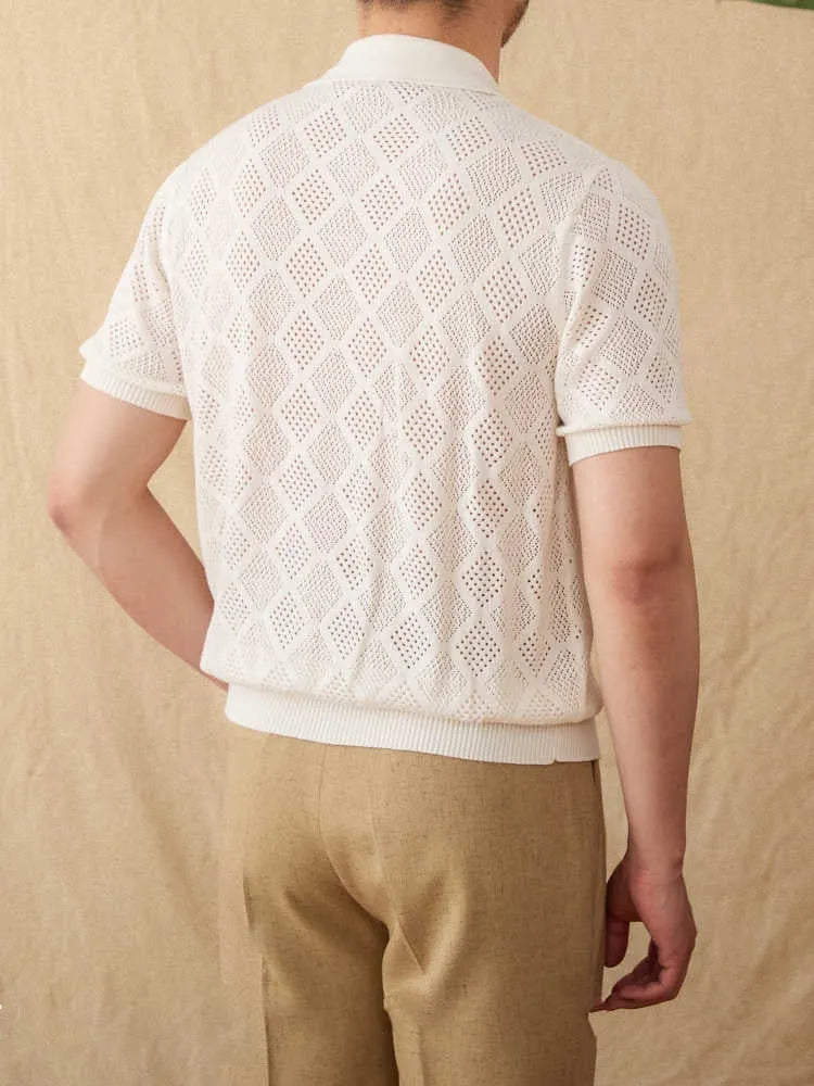 Men's light brown cotton short sleeve cardigan with lapel collar and front zipper