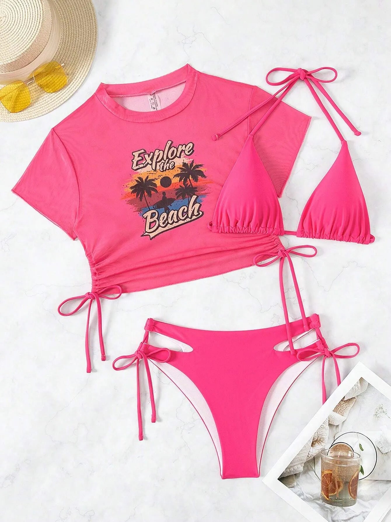 Three-piece women's nylon spandex swimsuit set in black, white, pink, orange red, sizes S to XL