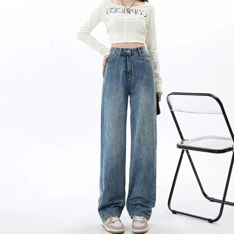 Women's retro blue high waist wide leg jeans with straight cut and spandex denim fabric