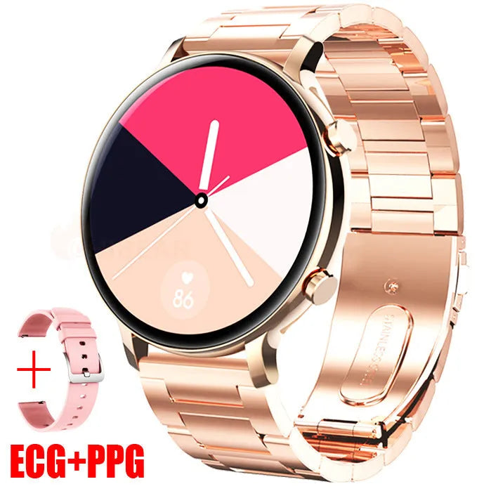 Bluetooth smartwatch with stainless steel strap showing call screen and health stats