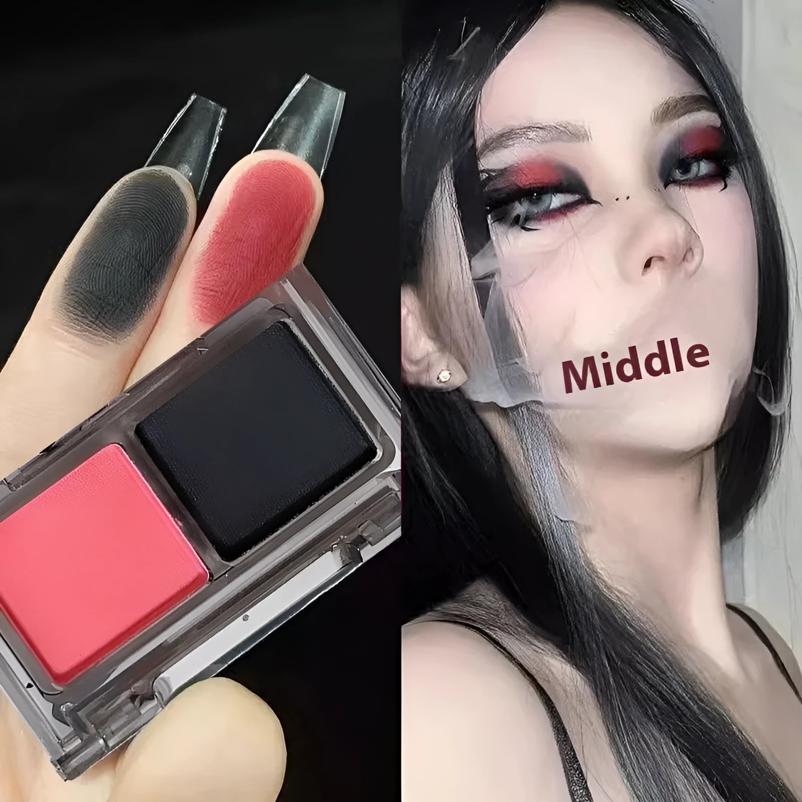 Cool two-tone eye shadow compact showing pink and black matte and shimmer shades for punk style makeup