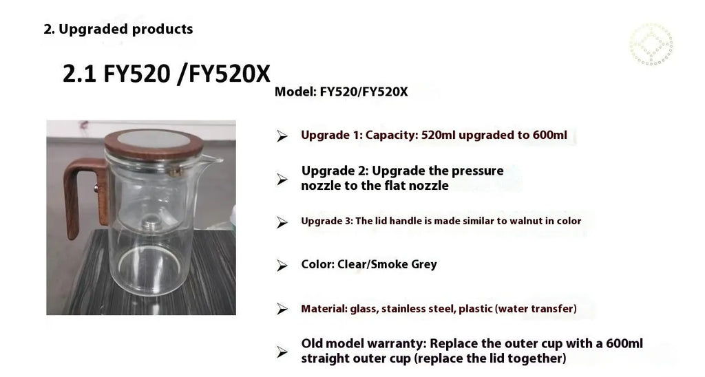 One click magnetic separation glass teapot with walnut wood handle and tea tray