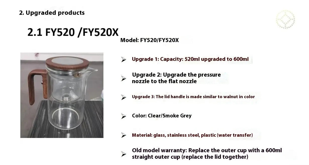 One click magnetic separation glass teapot with walnut wood handle and tea tray