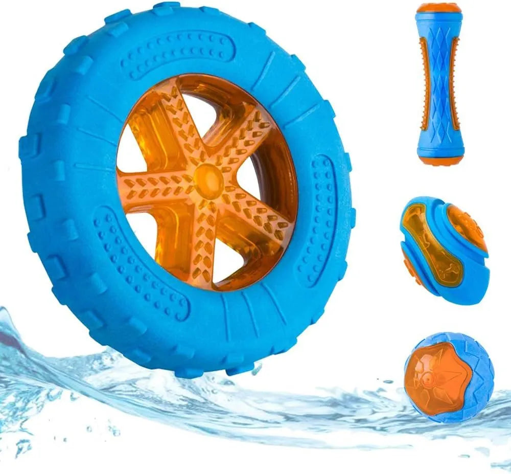 Set of three floating squeaky dog toys: a red ball, a blue barbell, and an orange tyre.