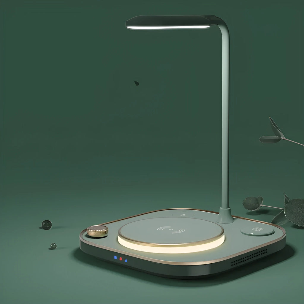 Alpharan 3-in-1 wireless charger desk lamp 15W fast charging station Black type, with phone and lamp lit