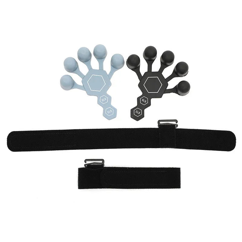 Gray silicone 5-finger rehabilitation hand trainer for grip strength exercises on a plain background