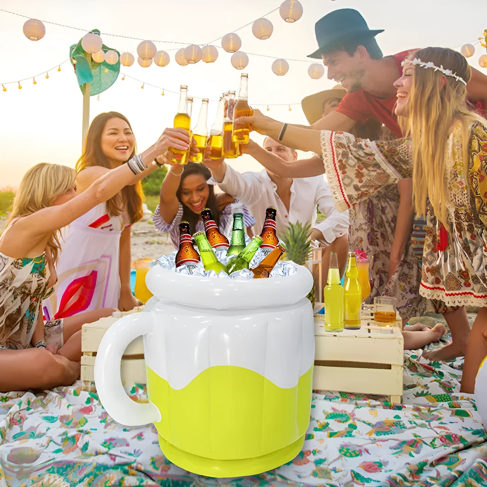 Bright yellow inflatable PVC ice bucket designed for chilling beer steins at outdoor events.