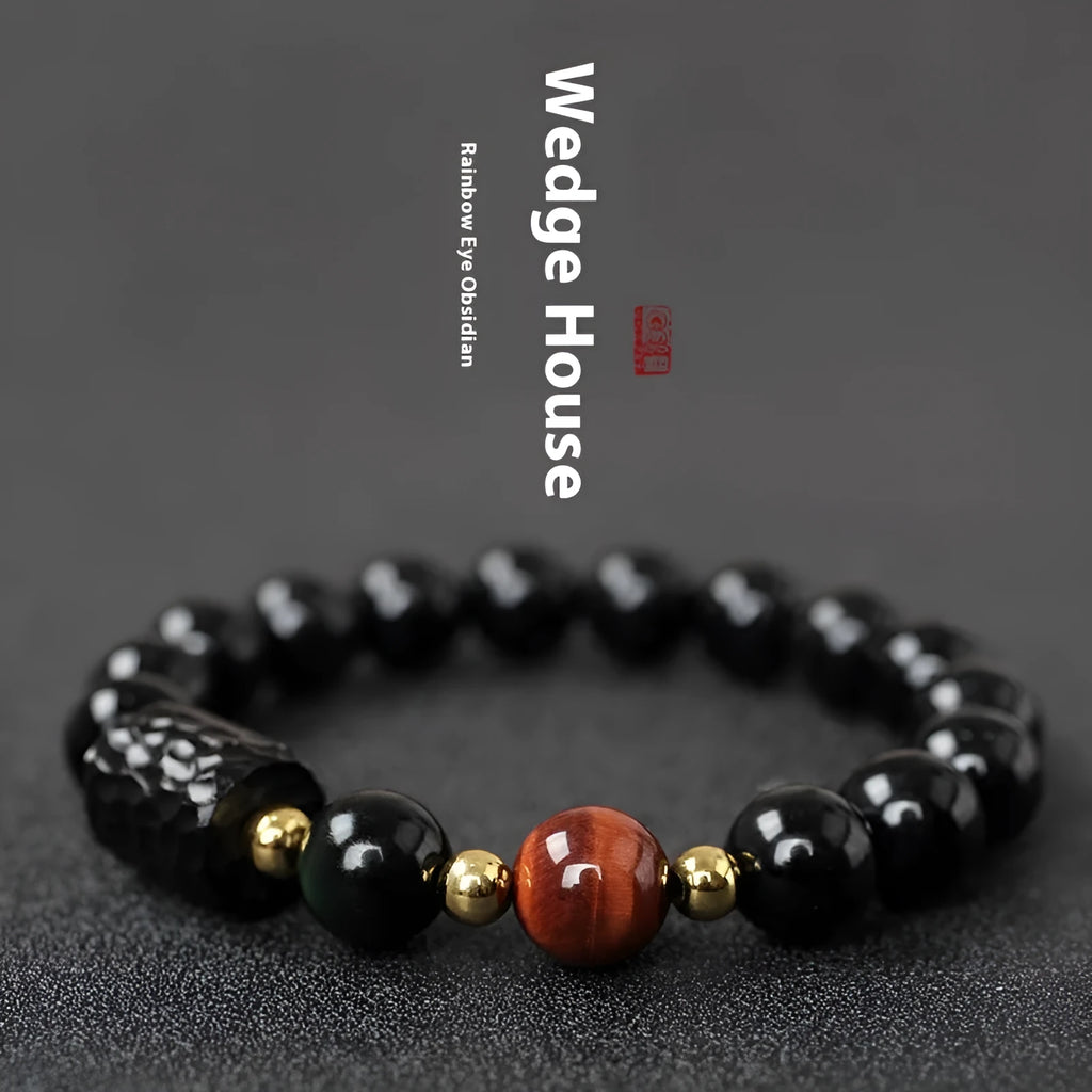 Unisex obsidian bracelet with 10mm round tiger eye beads in yellow, handcrafted retro style