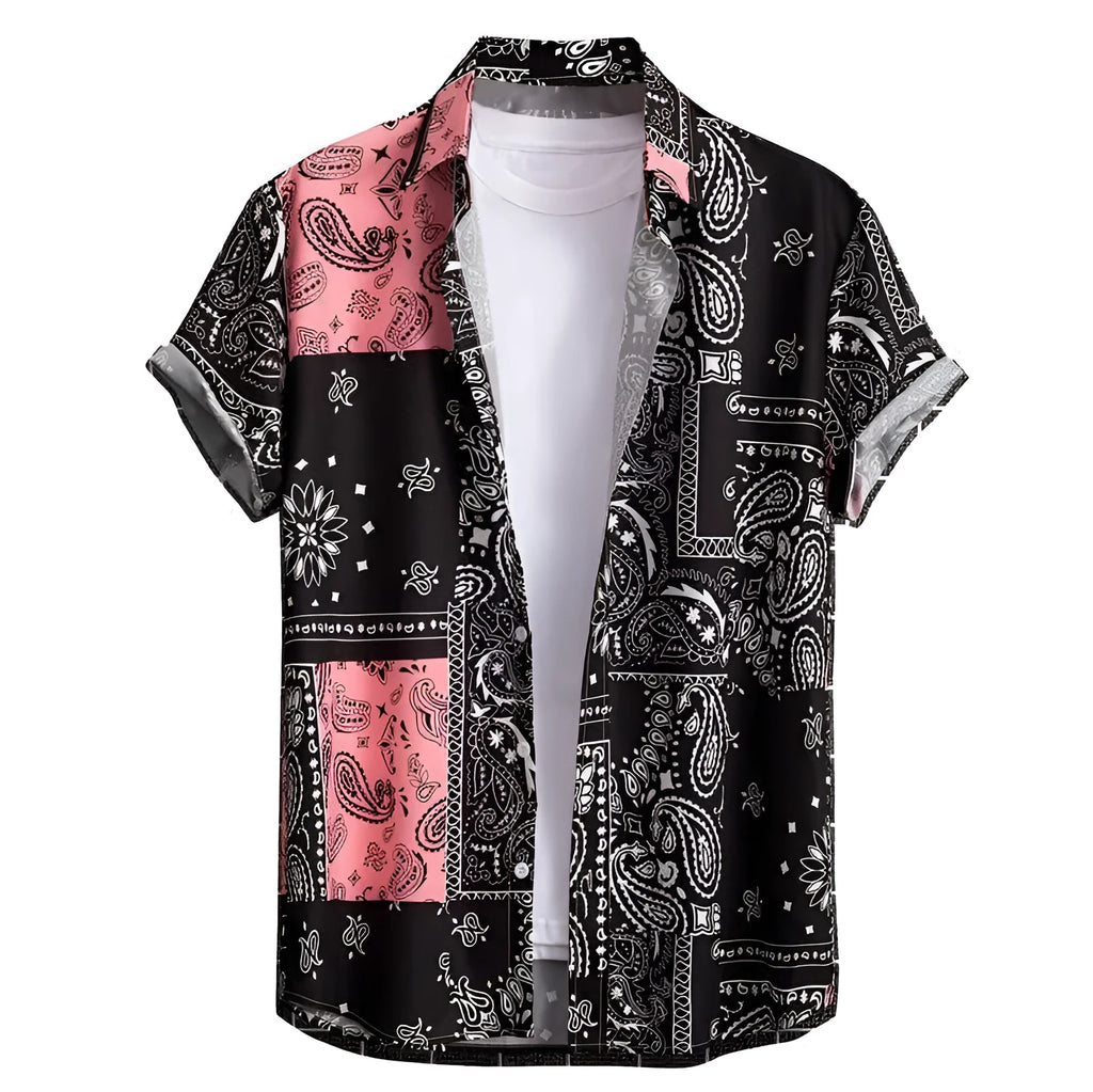 Men's slim fit short sleeve shirt with digital print in a tropical pattern, shown on model