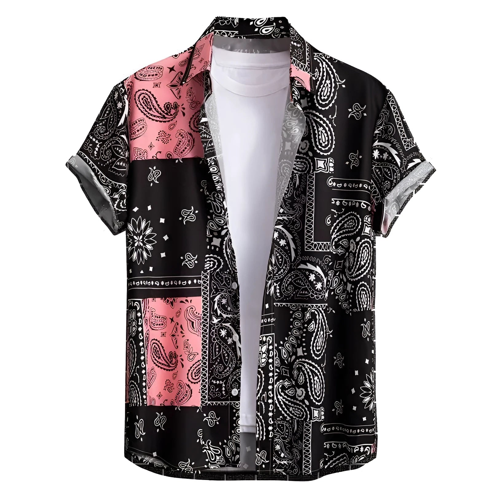 Men's slim fit short sleeve shirt with digital print in a tropical pattern, shown on model