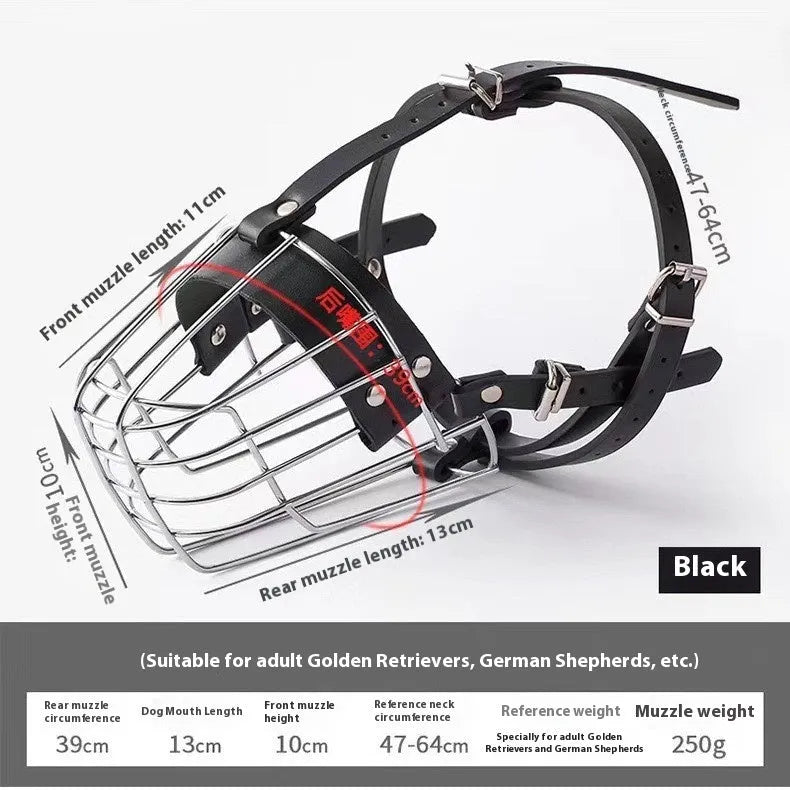 Black metal dog muzzle designed for Golden Retrievers and German Shepherds, showing adjustable nose piece.