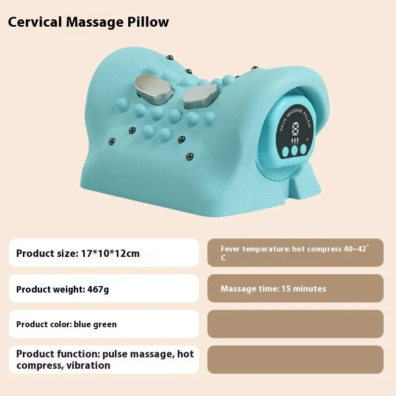 Blue-green portable neck and shoulder massage pillow with EMS and heating functions