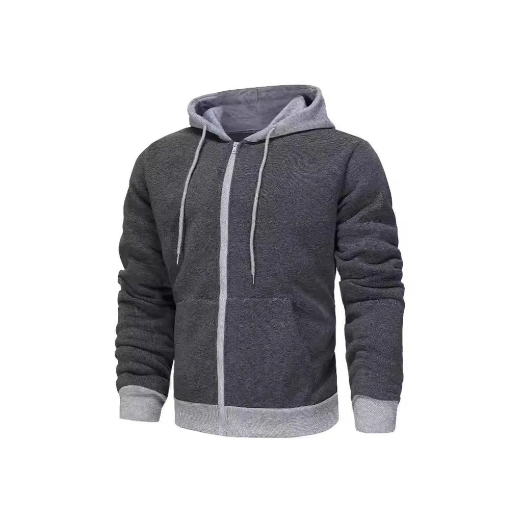 Men's zipper hoodie cardigan with wool lining, polyester fibre, size patch pocket, black with light gray hat