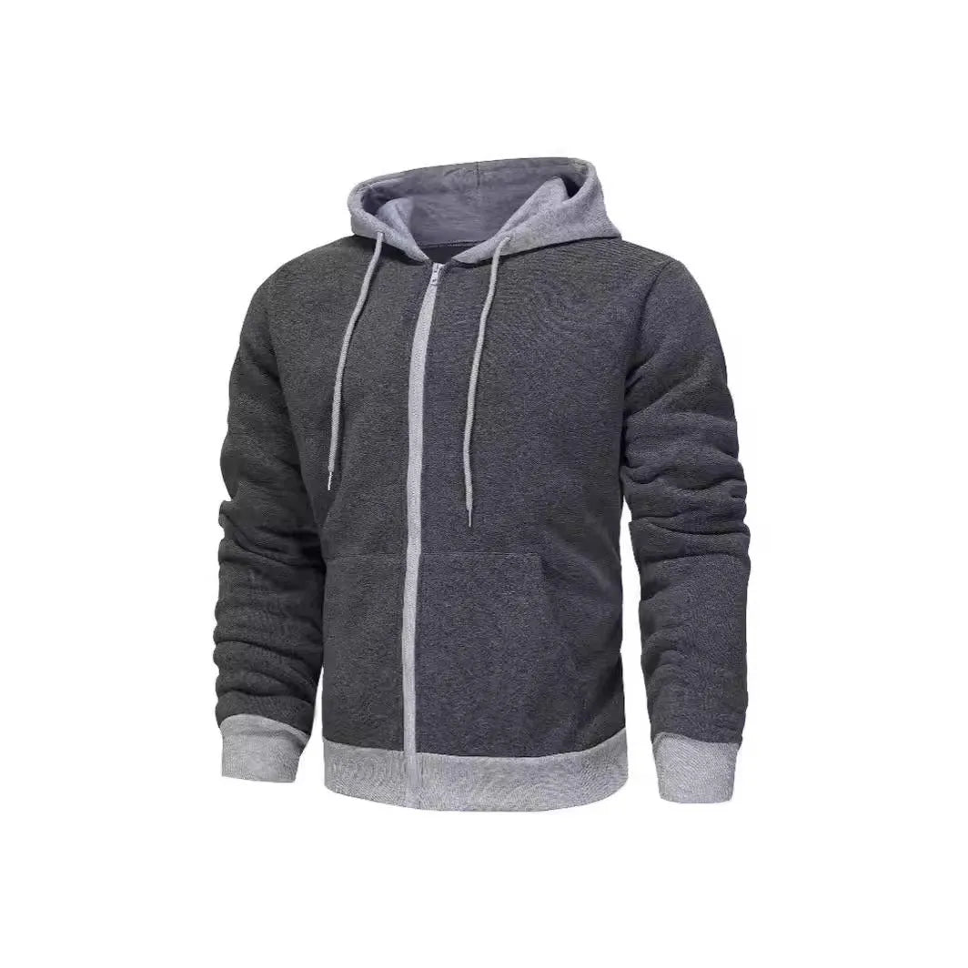 Men's zipper hoodie cardigan with wool lining, polyester fibre, size patch pocket, black with light gray hat