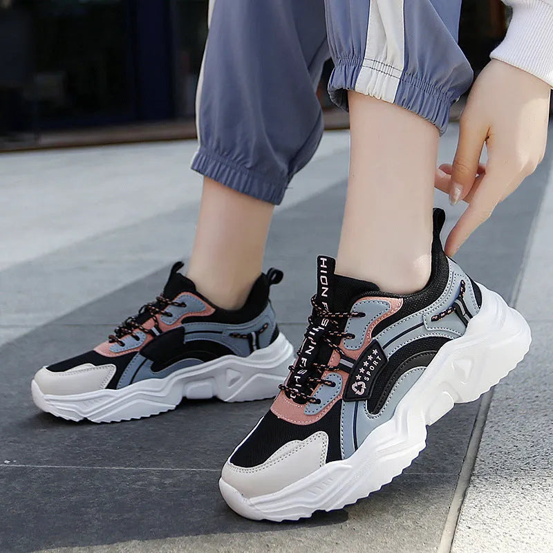 Women's white mesh casual sports shoes with thick PU sole and round toe