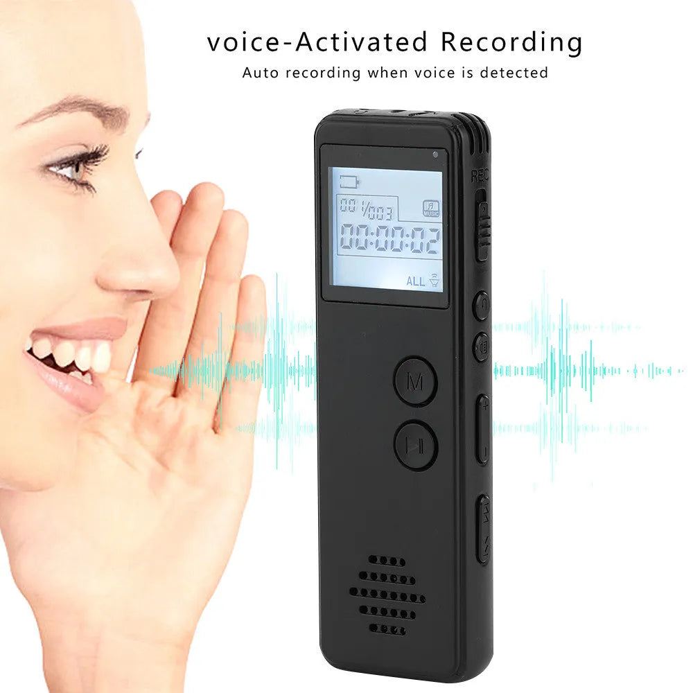 Black matte finish digital voice recorder with screen, showing one-key recording function.