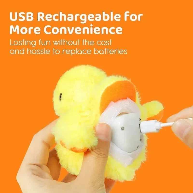 Yellow polyester plush electric duck cat toy with a USB charging cable.