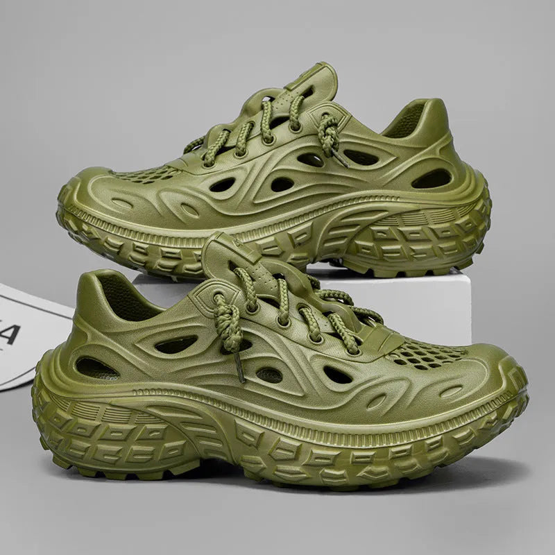 Men's thick-soled EVA non-slip sandals in Army Green with hollow-out upper and covered heel