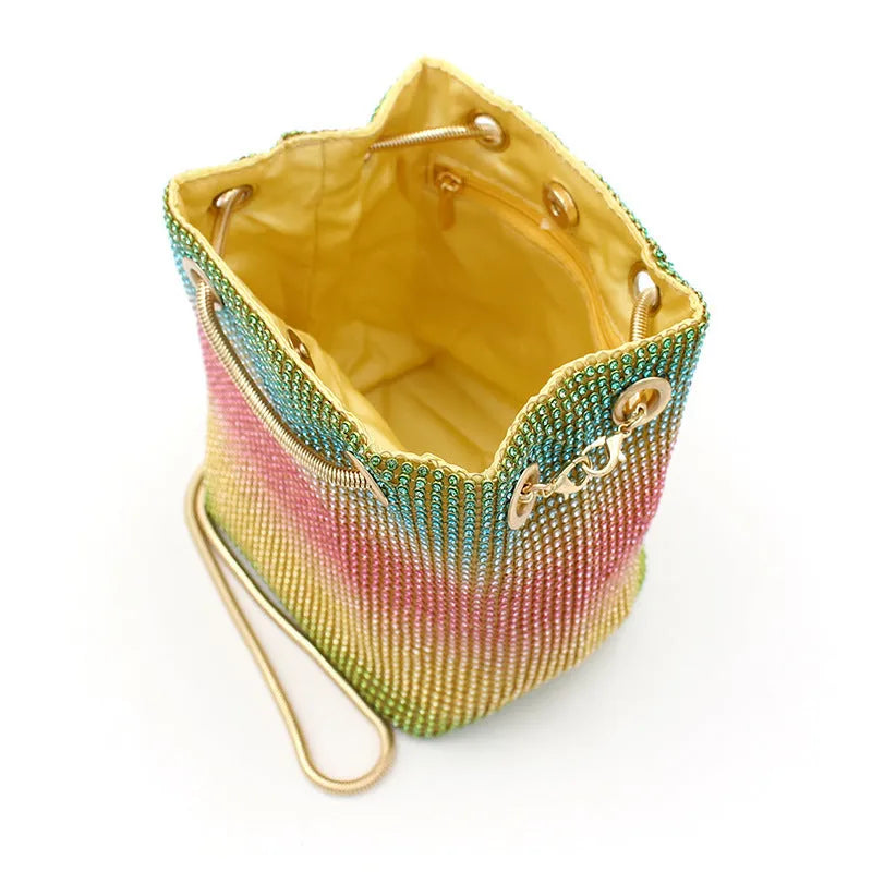 Rhinestone bucket bag with rainbow multicolour diamond pattern and soft material