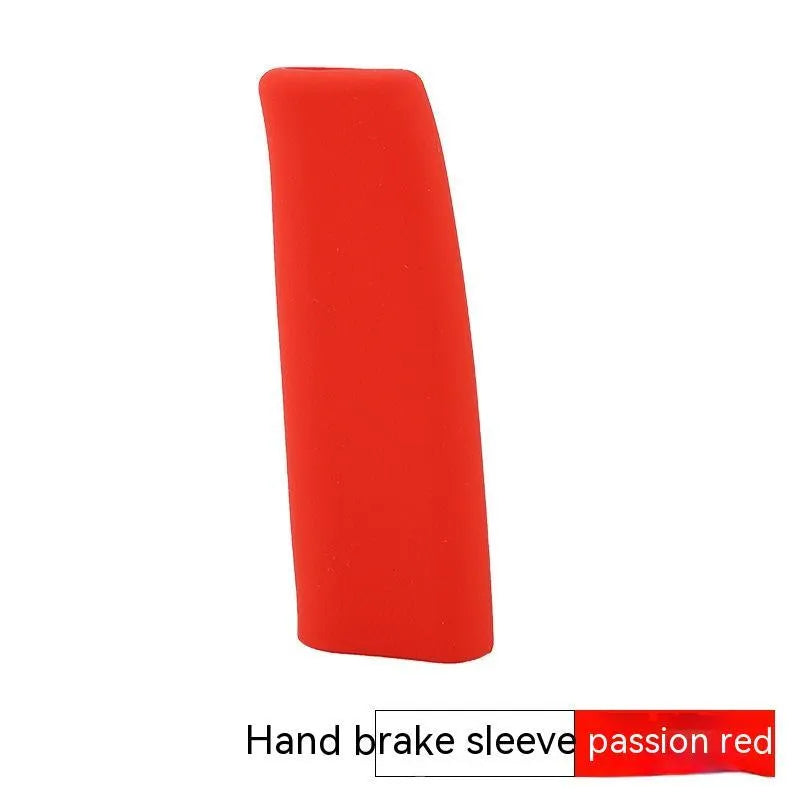 Universal silicone handbrake sleeve in black, grey, beige, red, and blue measuring 12cm long for car interior protection