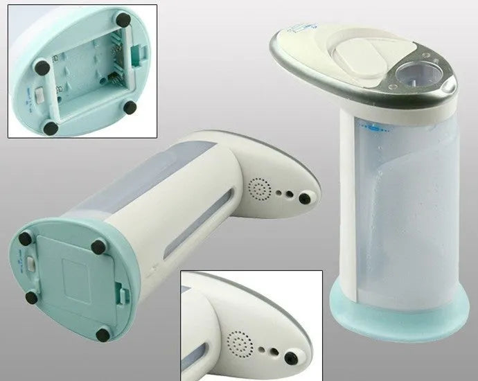 Automatic touchless soap dispenser with black plastic body and sensor nozzle on a countertop