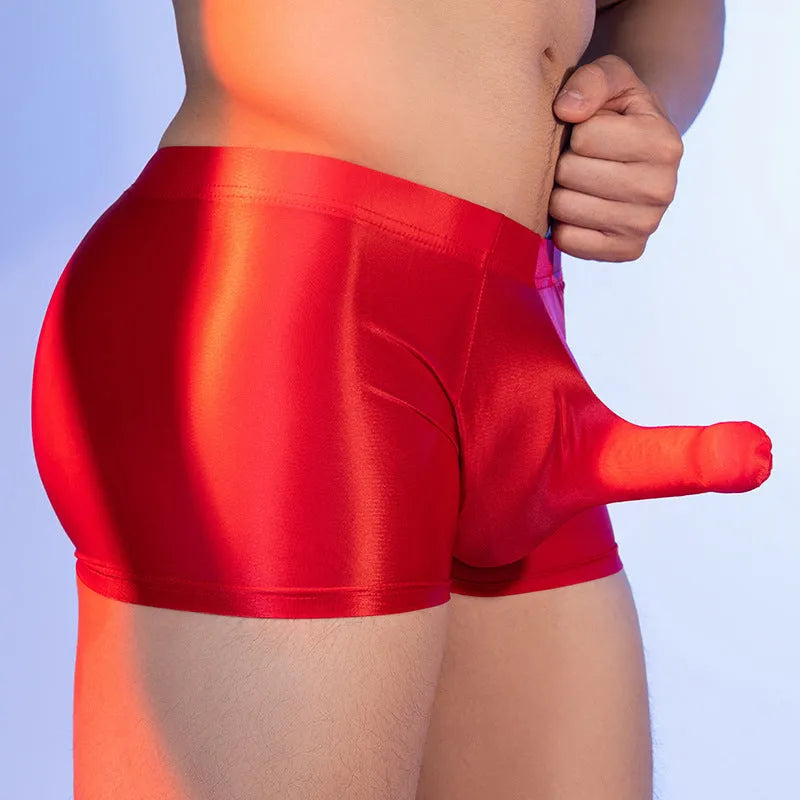 Men's nylon seamless boxer shorts with hip-lift function in black, white, red, and dark grey colours