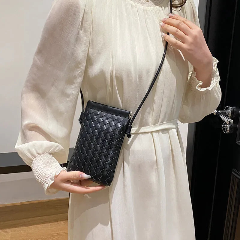 Vintage weave PU crossbody phone bag in black with silver webbing strap