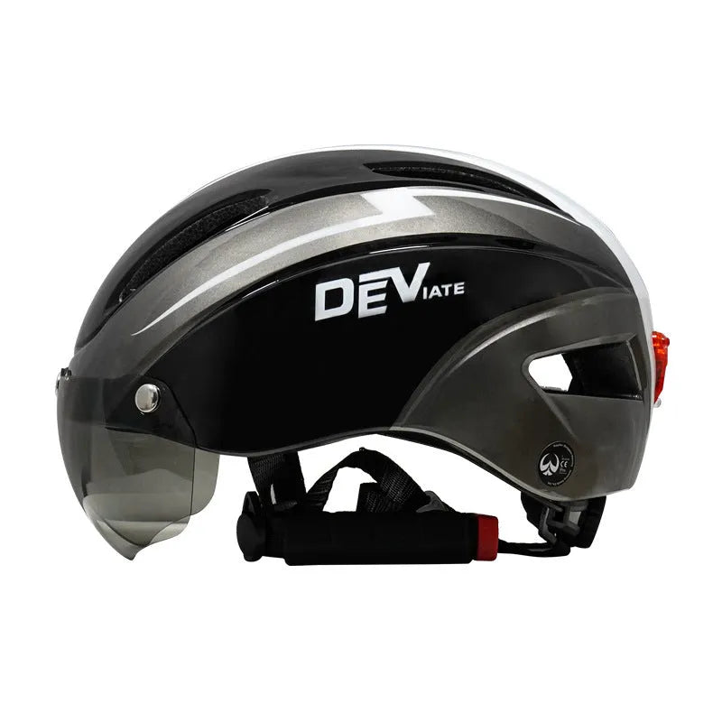Adult bicycle helmet with goggles and taillight in blue, white, and black colour scheme