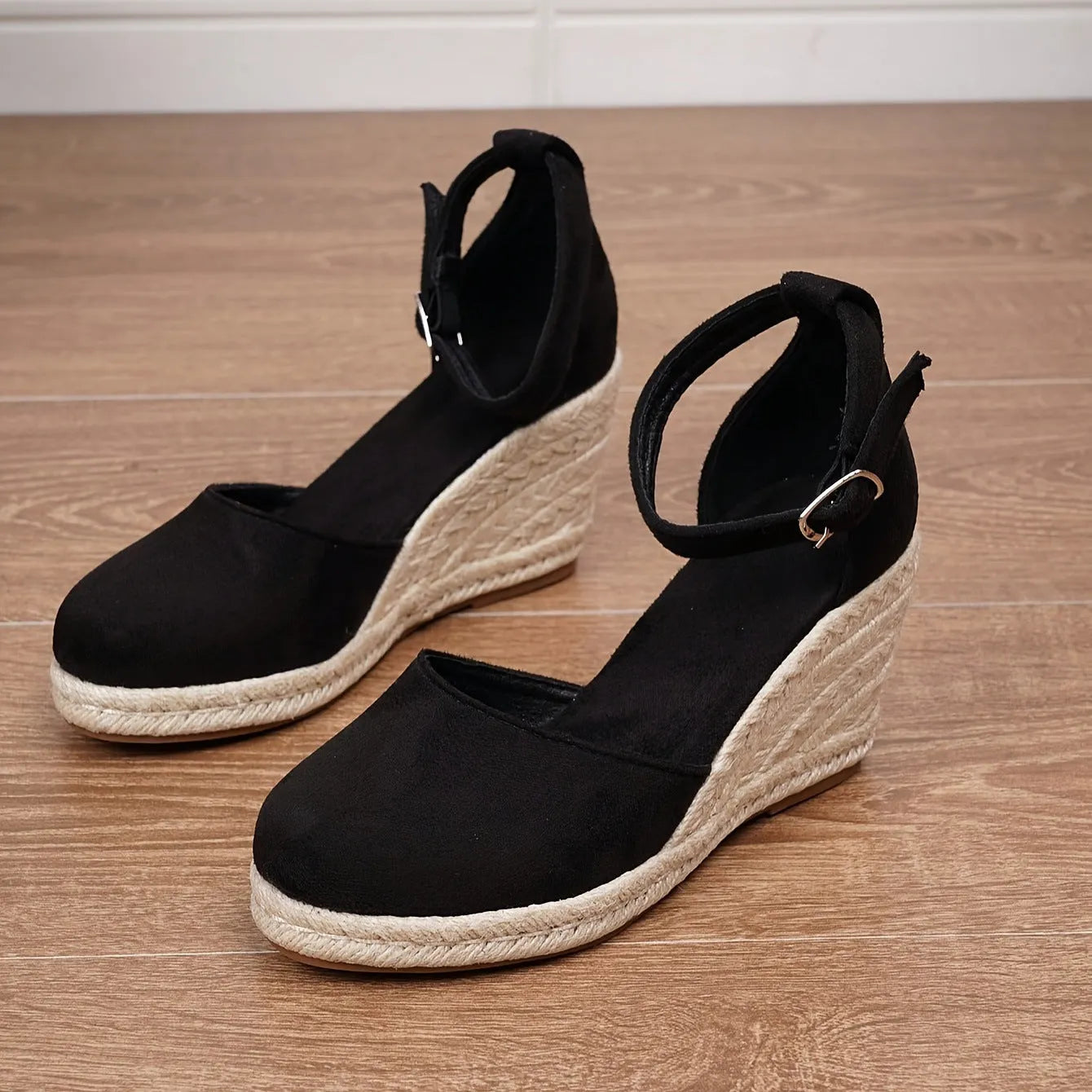 Women's apricot suede Roman style wedge sandals with buckle closure and rubber sole