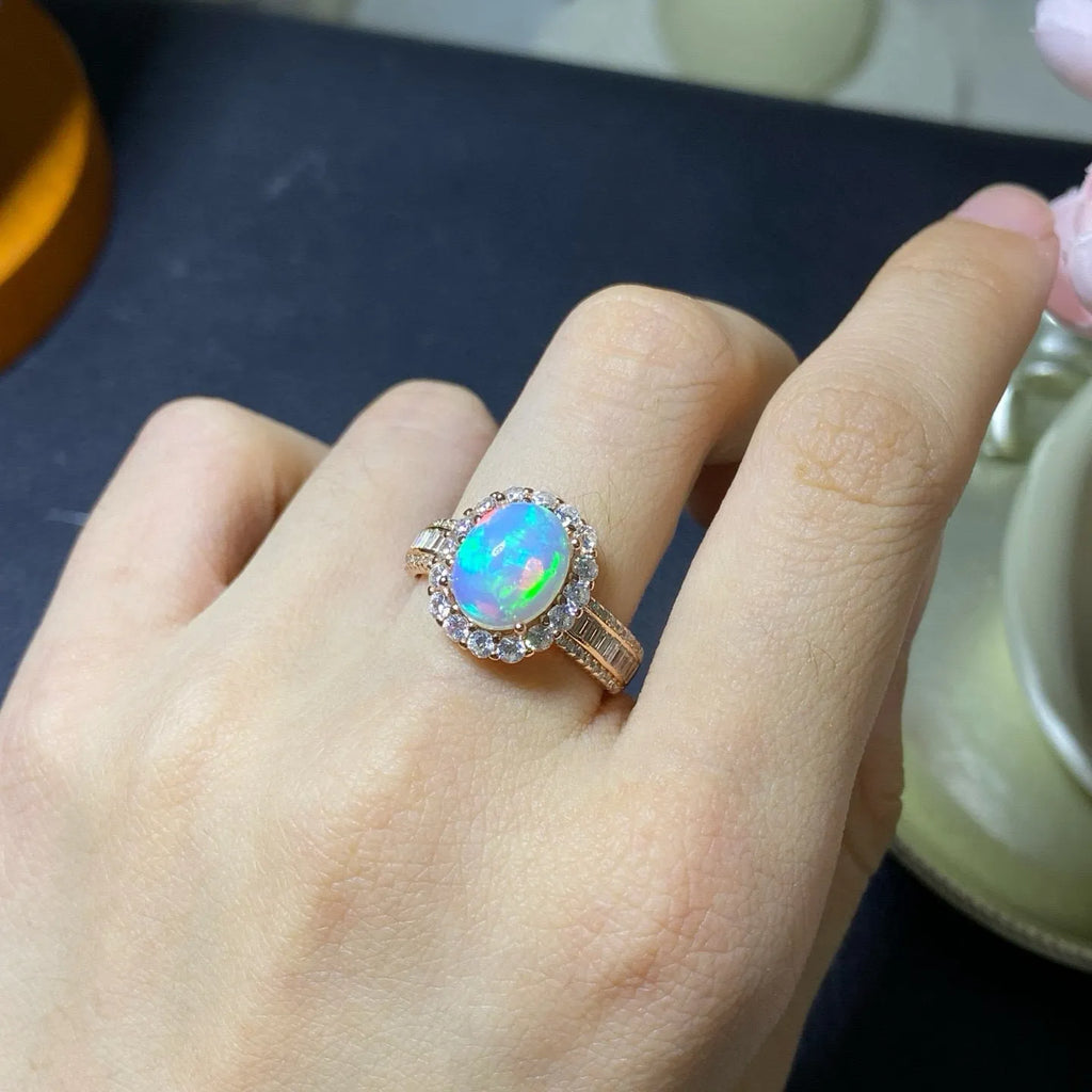 Natural opal handmade silver ring with adjustable opening band in rose gold finish