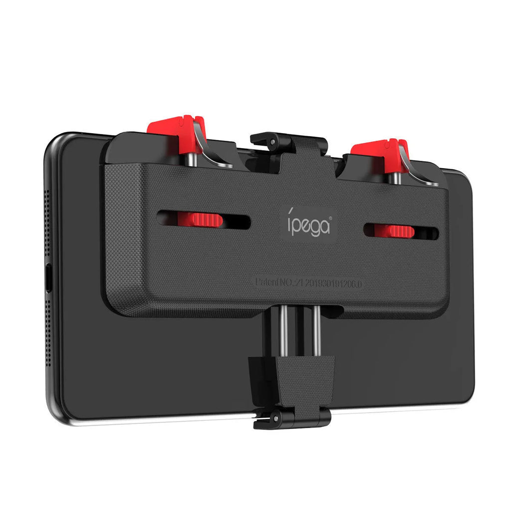 Black PUBG mobile gaming bracket with an extended trigger grip and telescopic phone fixing clip.