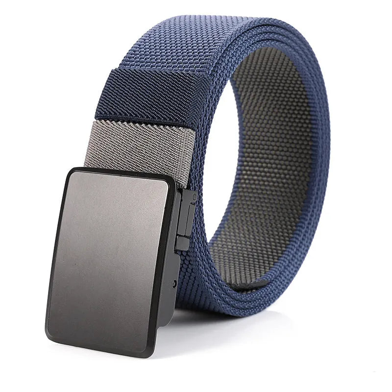Rotating buckle double-sided nylon men's belt in army green and dark gray with alloy buckle, 125cm length