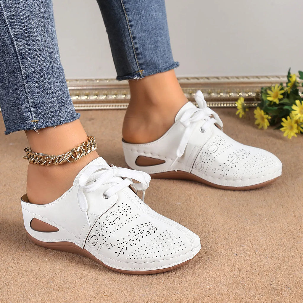 Women's black lace-up baotou wedge sandals with hollow out design and rubber sole