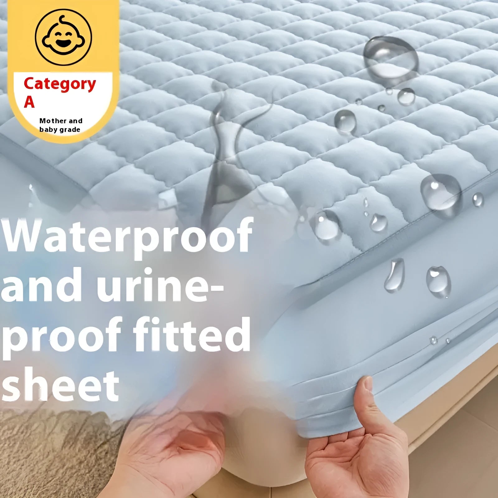 Blue quilted waterproof fitted sheet with elasticated corner on a mattress