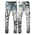 Blue distressed wash skinny jeans with a button fly and elasticated mid-rise waistband on a mannequin.