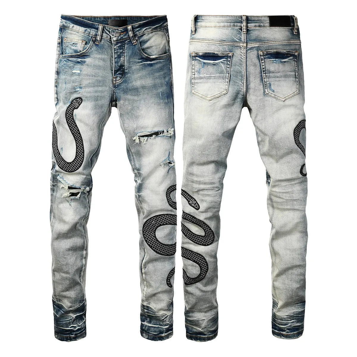 Blue distressed wash skinny jeans with a button fly and elasticated mid-rise waistband on a mannequin.