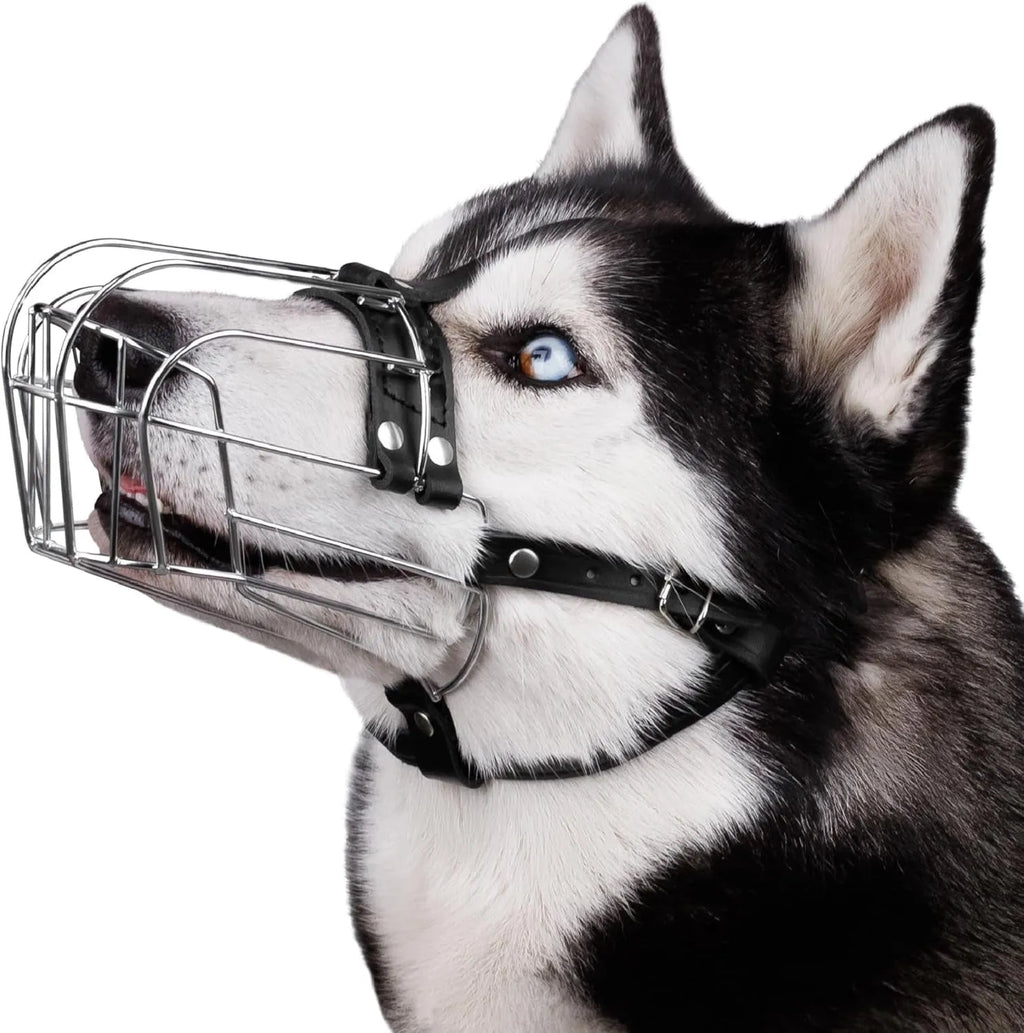 Black metal dog muzzle designed for Golden Retrievers and German Shepherds, showing adjustable nose piece.