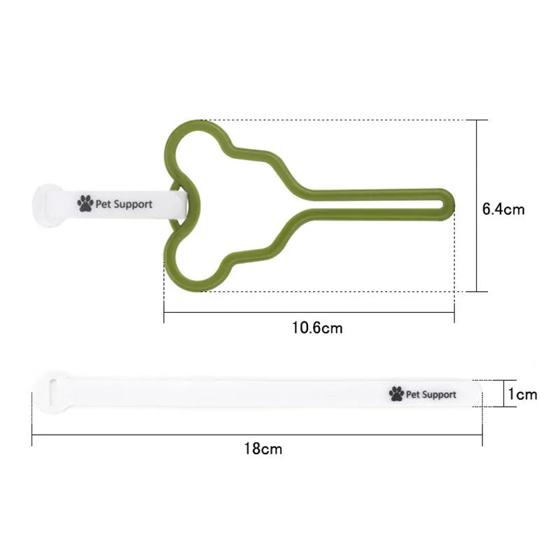 A hands-free dog poop bag holder with a fixed clip and adjustable hook and loop fastener attached to a dog leash.