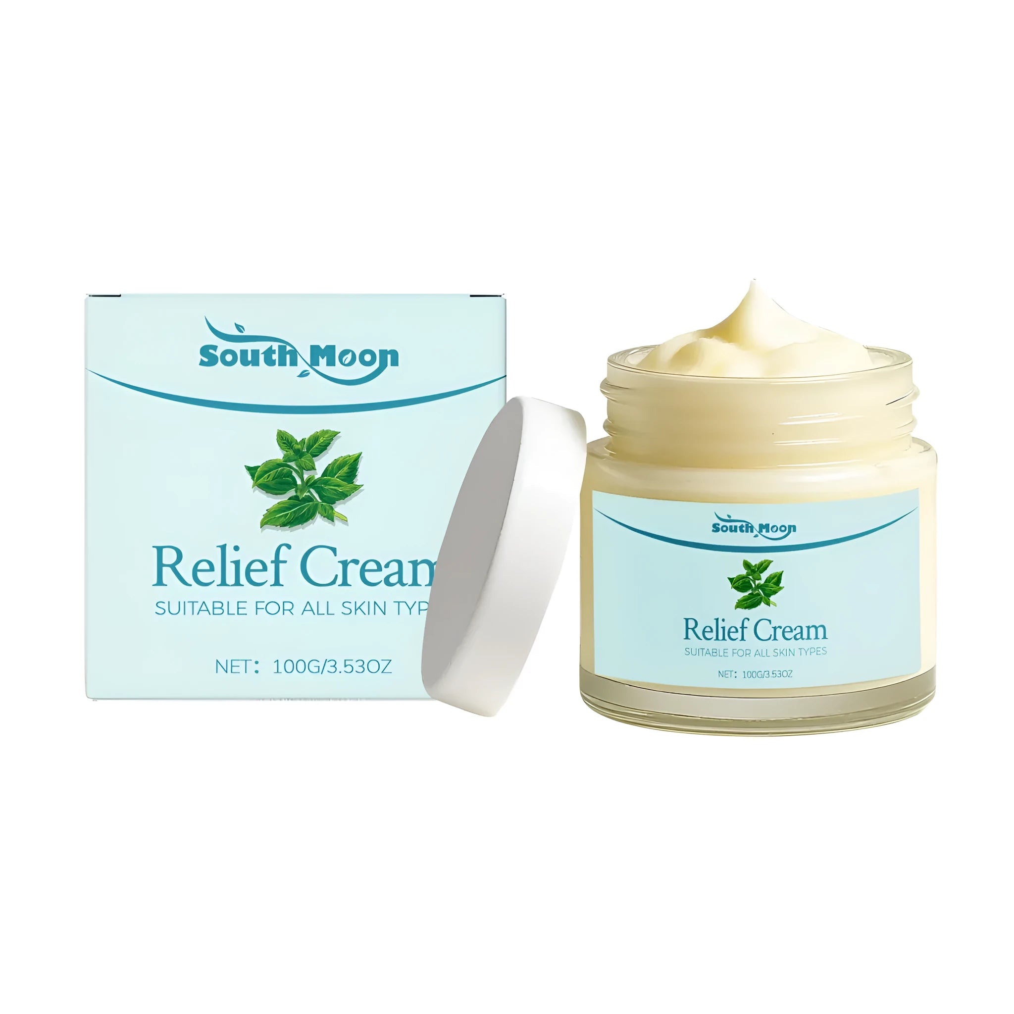 Relief Cream 100g tube with peppermint leaves, shea butter, and olive oil ingredients
