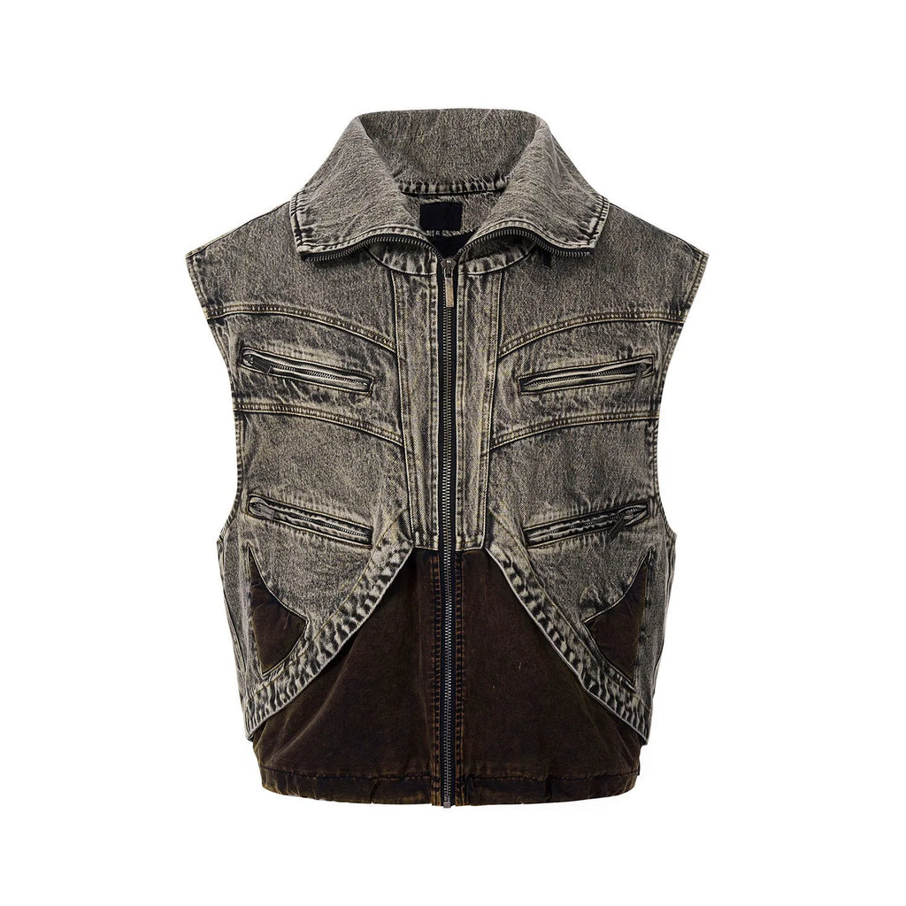 Men's spliced denim vest jacket with front zipper and sleeveless summer design