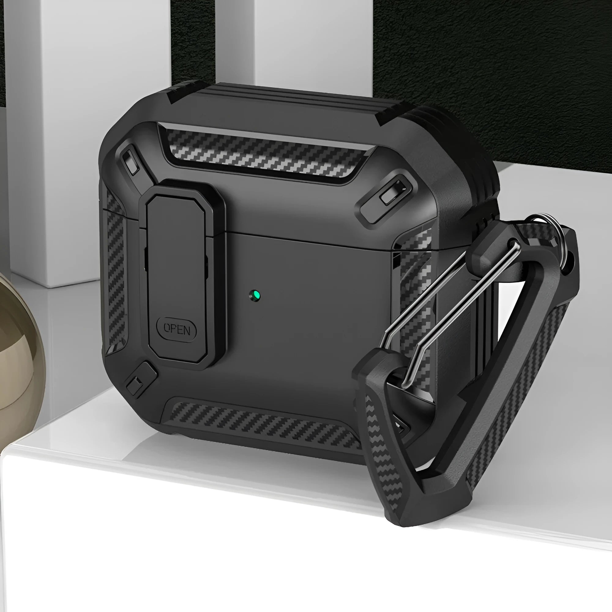Two-colour plastic clamshell protective case for Apple AirPods with attached hook