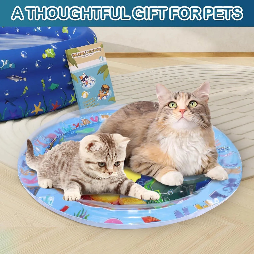 Thickened PVC water sensory play mat for pets with ocean fish design and floating toys.