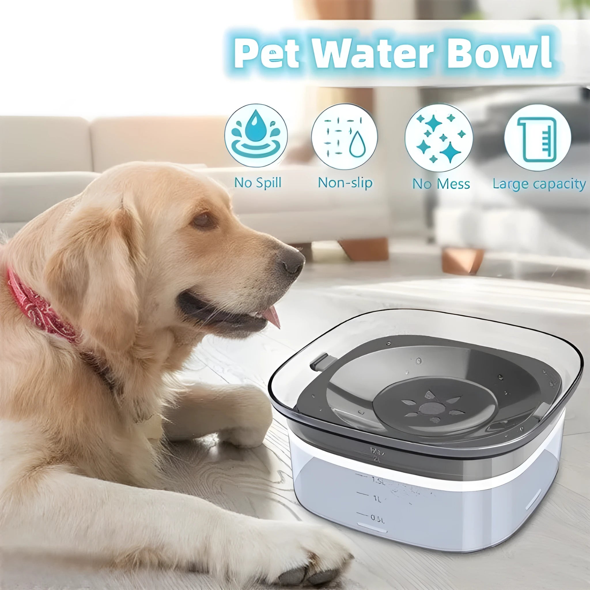Transparent 70oz/2L dog water bowl with visible water level and floating disk