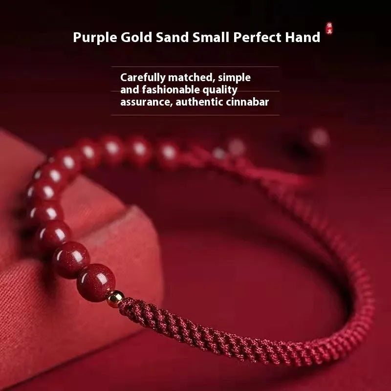 Braided rope bracelet with cinnabar beads in 8mm diameter and wine red colour